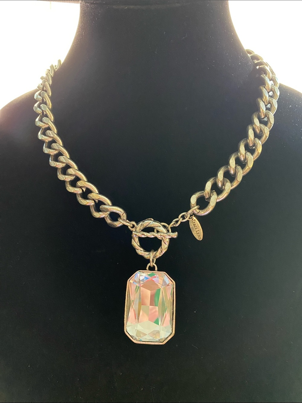 Vintage Traci Lynn Silver Tone Toggle Necklace with Rectangle Crystal Pendant